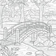 Small bridge in the park. Landscape.Coloring book antistress for children and adults. Illustration isolated on white background.Zen-tangle style. Hand draw