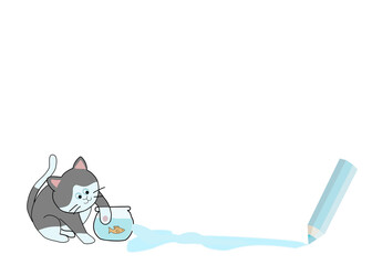 Cartoon  cat play with fish in a bowl . Isolate on white  background. 