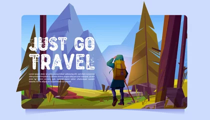 Foto op Plexiglas Just go travel cartoon banner. Traveler at forest look far on mountains peaks. Summer journey, extreme adventure. Tourist with backpack stand at rocky landscape look on distance, Vector illustration © klyaksun