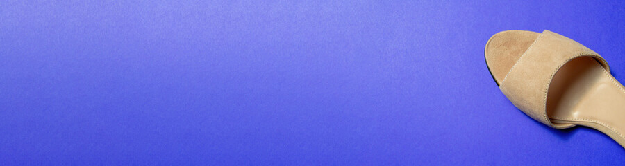 women's shoes are beige on a blue background. shoes are removed from above. shoes lie at an angle to the horizon. banner for placement on the site