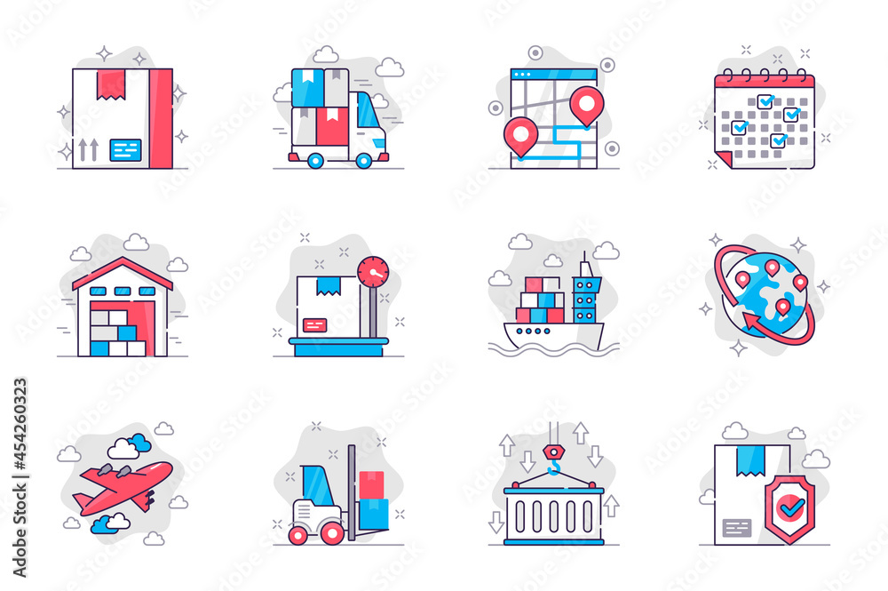Poster shipping concept flat line icons set. delivery service and logistics. bundle of parcel, truck, track
