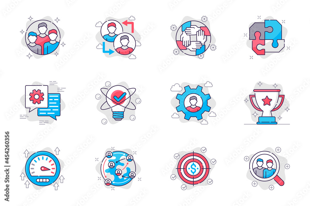 Poster teamwork concept flat line icons set. leadership and collaboration in business. bundle of colleague,