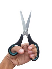 Hand holding scissors isolated on white background.