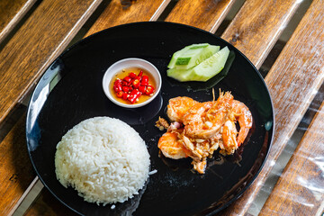 Shrimp stir-fried with garlic and pepper,Thai cuisine, Thai food close up, Goong Tod Kra Thiam Prik Thai