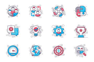 Teamwork concept flat line icons set. Leadership and collaboration in business. Bundle of colleague, brainstorming, discussion, trophy and other. Vector conceptual pack outline symbols for mobile app