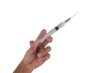 Hand holding Syringe isolated on white