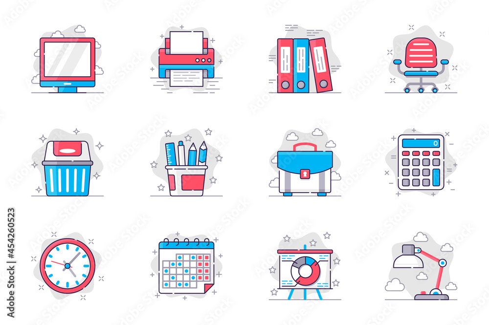 Poster office supplies concept flat line icons set. management and workplace organization. bundle of comput