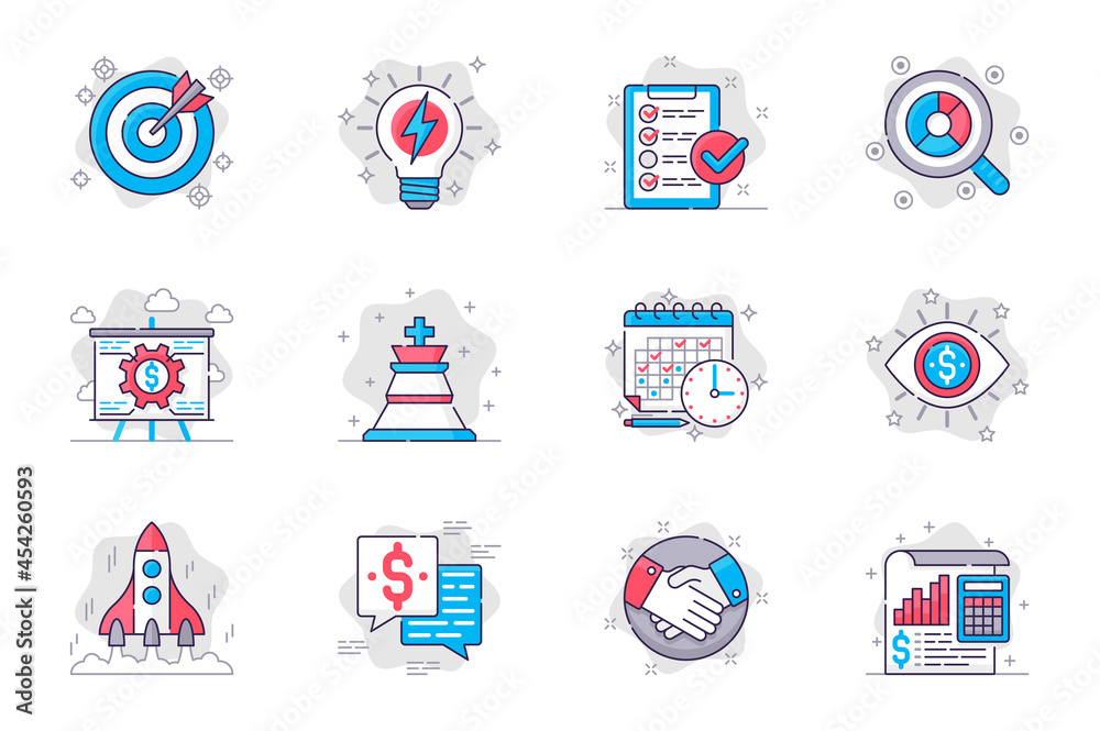 Poster business planning concept flat line icons set. successful strategy and startup development. bundle o