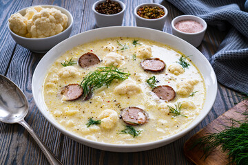 Cauliflower soup with sausages on wooden table
