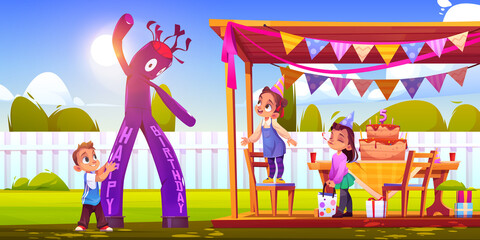 Girl celebrate birthday with friends on house backyard with waky air man and festive decoration, cake with candles and garlands. Little children celebrating party outdoors, Cartoon vector illustration