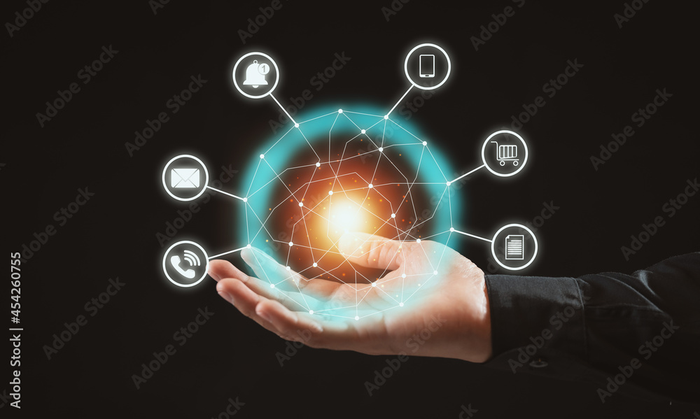 Poster business concept close-up of man with infographic icon of community technology digital. concept of h