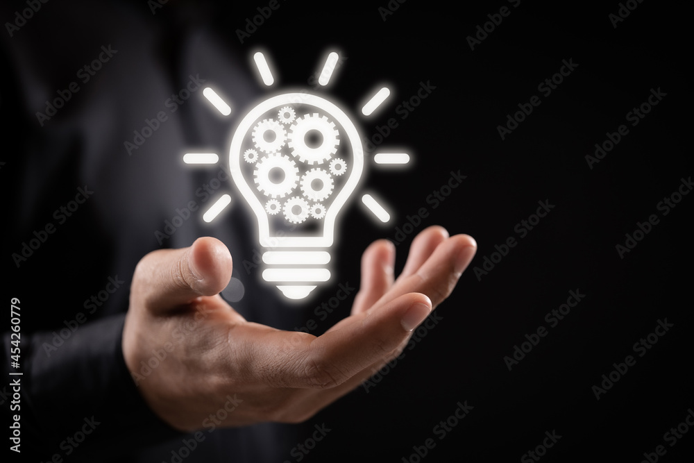 Poster business idea bulb gear web engineering button icon in hand