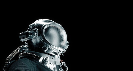 3d rendering of Astronaut cosmonaut in dark deep space background. Science wallpaper. close-up view