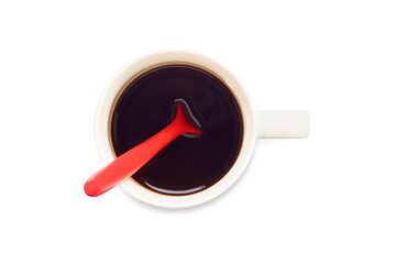 An image flat lay isolated black coffee hot drink cafe in a white cup and with a red spoon is food...