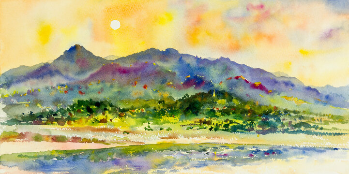 Watercolor landscape paintings of mountain range and sunrise yellow sky.