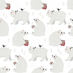 Cute Christmas winter vector seamless pattern with Polar Bear, baby bear, Christmas trees, decorative elements, new year illustration