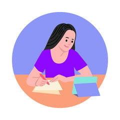 Student girl doing her homework, vector illustration