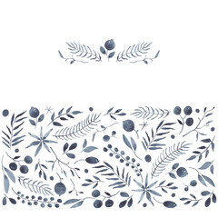 Christmas floral decor of abstract flowers, branches, leaves and berries dark blue color indigo. Watercolor border isolated on white background, holiday greeting card of design elements for your text.