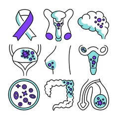 Cancer Types outline icons set. Focus on the color of the symptoms.