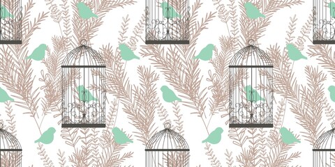 Stylish pattern with birds and cages in Victorian style. Birds of Paradise. Golden branches drawing. A modern pattern for wallcoverings, fabrics and textiles