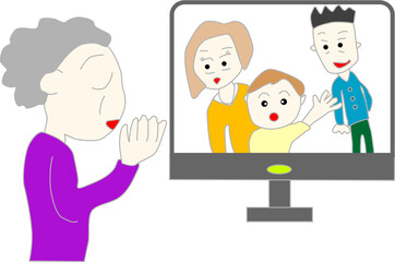 テレビ通話を楽しむ家族とおばあちゃん