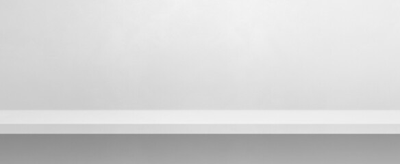 Empty shelf on a white wall. Background template. Horizontal banner