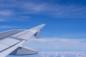 Aerial view of clouds and sky as seen through the window of an aircraft