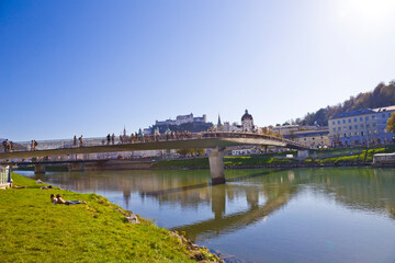 Beautiful view of Salzburg skyline with Festung Hohensalzburg and Salzach river in autumn, Salzburg, Salzburger Land, Austria.