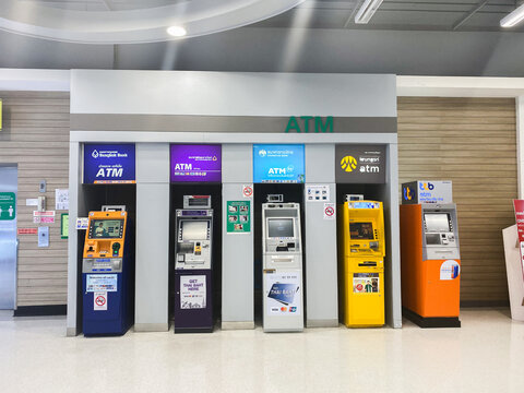 Automated Teller Machines (ATM), Various color withdrawal machines are provided for the convenience of customers, Financial transactions or banking, Chiangmai-THAILAND:August 31, 2021