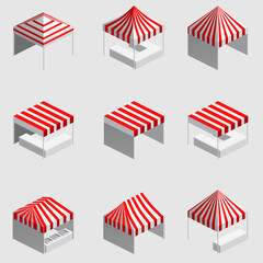 Set Isometric market stall, tent. Street awning canopy kiosk, counter, white red strings for fair, street food, market, grocery goods. Vector isolated