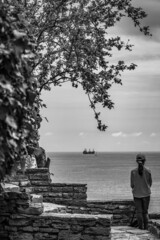 The back of a girl watching at the sea and dreaming. Black and white vertical composition with blurred horizon and sailing ship. Tree and stone fence in the foreground