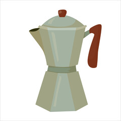 Retro geyser coffee maker made of metal in a cartoon style. Kitchenware. The aesthetics of coffee. Vector illustration isolated on white background.