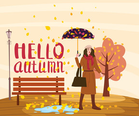 Young woman with umbrella in the autumn park city, trendy clothes street fashionable style outwear female, fall mood. Lettering Hello Autumn. Trendy vector style