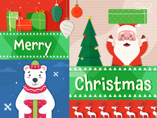 Merry Christmas Celebration Background With Santa Clause And Polar Beer Character.