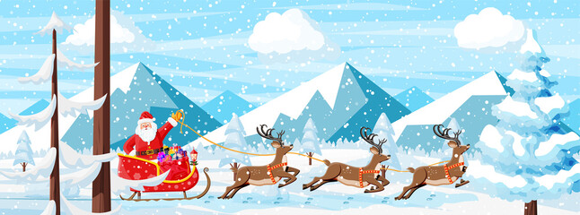 Christmas Background. Santa Claus Rides Reindeer Sleigh. Winter Landscape with Fir Trees Forest Mountains and Snowing. Happy New Year Celebration. New Year Xmas Holiday. Vector Illustration Flat Style