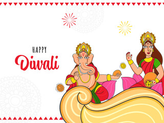 Happy Diwali Celebration Concept With Illustration Of Lord Ganesha And Goddess Lakshmi Character On White Baclground.
