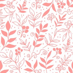 Delicate calm floral vector seamless pattern. Pink contour of flowers, twigs, rowan berries, leaves on a white background. For printing on fabrics, textiles, packaging, clothing.