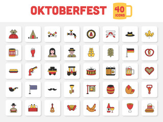 Colorful Oktoberfest Icon Set In Flat Style.