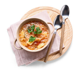 Pot with tasty sauerkraut soup on white background