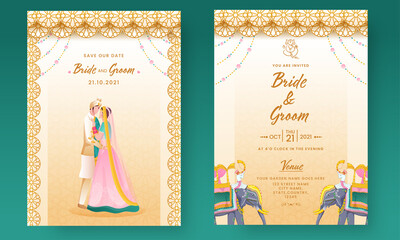 Elegant Wedding Invitation Card With Indian Bridegroom In Front And Back Side.