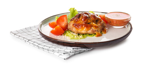 Plate with delicious minced meat boats, sauce bowl and napkin on white background