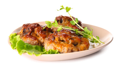 Plate with delicious minced meat boats on white background