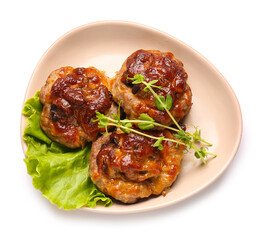 Plate with delicious minced meat boats on white background