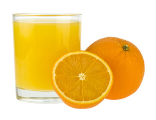 A glass of orange juice with oranges isolated on a white background.