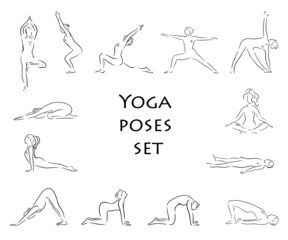 Womens silhouettes. Collection of yoga poses. Asana set. Vector illustration