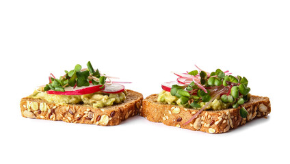 Tasty sandwiches with radish and micro green on white background