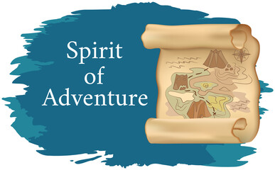 Sea story spirit of adventures and travel poster. Marine cruise and travelling advertising placard with old map with scheme of pirate treasure on sand at depth under water, pacific voyage banner