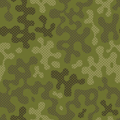 Green cross stitch camouflage seamless pattern for your design. Fashionable emerald color knit fabric texture. Vector crochet camo background