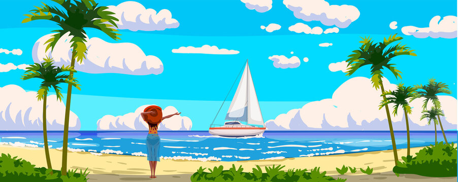 Tropical resort landscape panorama, woman on the beach, sailboat. Sea shore sand, exotic palms, coastline, clouds, sky, summer vacation. Vector illustration cartoon style