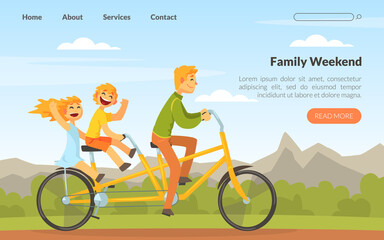 Happy Man with Little Kid Riding Bicycle Enjoying Vacation or Weekend Activity Vector Web Page Template